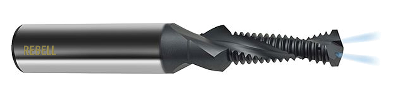 Solid carbide drill thread milling cutter with countersink chamfer and cooling channel